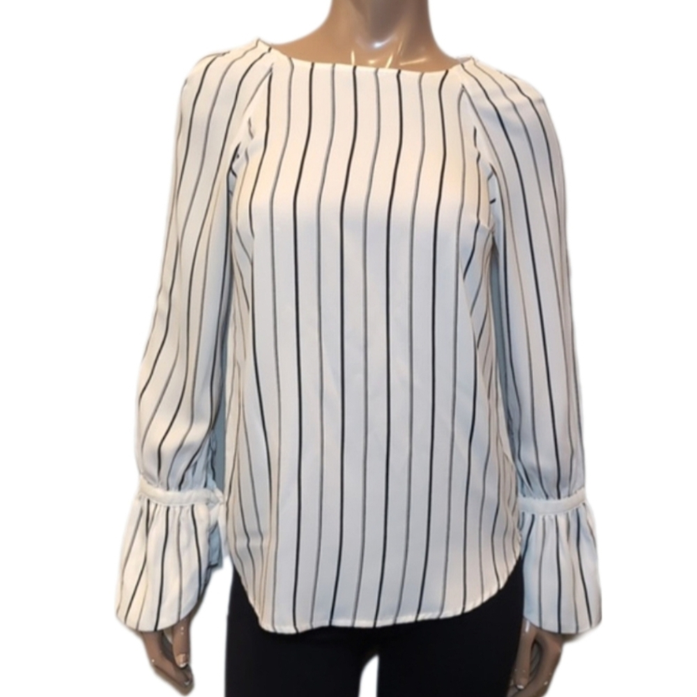 Dalia Striped Blouse Long Bell Tie Sleeve Pinstripe Top Keyhole Size Small White